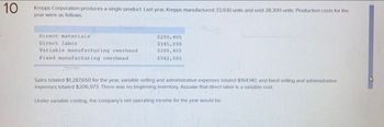 10
Krepps Corporation produces a single product. Last year, Krepps manufactured 33,930 units and sold 28,300 units. Production costs for the
year were as follows:
Direct materials
Direct labor
Variable manufacturing overhead
Pixed manufacturing overhead
$288,405
$145,899
$288,405
$542,880
Sales totaled $1,287650 for the year, variable selling and administrative expenses totaled $164,140, and fixed selling and administrative
expenses totaled $206,973 There was no beginning inventory. Assume that direct labor is a variable cost.
Under variable costing, the company's net operating income for the year would be