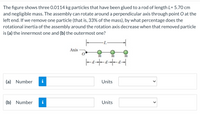 The figure shows three 0.0114 kg particles that have been glued to a rod of length L= 5.70 cm
and negligible mass. The assembly can rotate around a perpendicular axis through point O at the
left end. If we remove one particle (that is, 33% of the mass), by what percentage does the
rotational inertia of the assembly around the rotation axis decrease when that removed particle
is (a) the innermost one and (b) the outermost one?
Axis
m
m
(a)
Number
i
Units
(b) Number
i
Units
>
