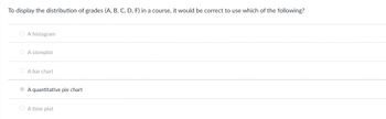 To display the distribution of grades (A, B, C, D, F) in a course, it would be correct to use which of the following?
A histogram
A stemplot
A bar chart
A quantitative pie chart
A time plot