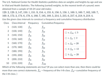 The U.S. National Center for Health Statistics publishes data on weights and heights by age and sex
in Vital and Health Statistics. The following (sorted) weights, to the nearest tenth of a pound, were
obtained from a sample of 18-24-year-old males:
129. 2, 129. 3, 147, 150. 1, 151. 9, 154. 4, 155. 8, 156. 5, 158. 1, 160. 5, 160. 7, 162, 169. 7,
169.8, 173.3, 174. 6, 178. 4, 180. 7, 185, 189. 5, 214. 5, 215. 6, 217. 6, 218. 9, 219. 4.
Use the given class intervals to construct a frequency and cumulative frequency distribution
Frequency Cumulative.Frequency
Class
Class.Interval
1
2
3
4
(120, 130]
£12
(130, 140]
$22
(140, 150]
f31
f32
(150, 160]
£41
£42
(160, 170]
f51
f52
(170, 180]
f61
f62
7
(180, 190]
f71
f72
8
(190, 200]
f81
f82
9
(200, 210]
f91
f92
10 (210, 220]
f101
f102
Which of the following statements are true? (If you can select more than one, then there could be
more than one correct statements. f₁₁1 = frequency of the i-th class. fi2= cumulative frequency of
the i-th class.)
5
6
£11
f21
O e. f101 ≤ 5
O c. f21 ≤ 2
□ a. f82 = 20
O d. f32 > 13
O b. f92 = 20