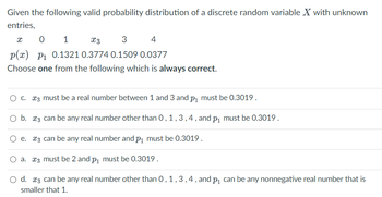 Given the following valid probability distribution of a discrete random variable X with unknown
entries,
X
0 1
X3
3
4
p(x) p₁ 0.1321 0.3774 0.1509 0.0377
Choose one from the following which is always correct.
O c. 3 must be a real number between 1 and 3 and p₁ must be 0.3019.
O b. 3 can be any real number other than 0, 1, 3, 4, and p₁ must be 0.3019.
e.
3 can be any real number and p₁ must be 0.3019.
a.
3 must be 2 and p₁ must be 0.3019.
O d. 3 can be any real number other than 0, 1, 3, 4, and p₁ can be any nonnegative real number that is
smaller that 1.