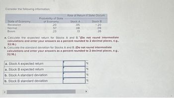 Consider the following information:
State of Economy
Recession
Normal
Boom
Probability of State
of Economy
.20
.57
23
a. Stock A expected return
a. Stock B expected return
b. Stock A standard deviation
b. Stock B standard deviation
Rate of Return if State Occurs
Stock B
-.20
.09
26
Stock A
.05
.08
13
a. Calculate the expected return for Stocks A and B. (Do not round intermediate
calculations and enter your answers as a percent rounded to 2 decimal places, e.g.,
32.16.)
b. Calculate the standard deviation for Stocks A and B. (Do not round intermediate
calculations and enter your answers as a percent rounded to 2 decimal places, e.g.,
32.16.)
%
%
%