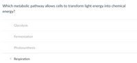 Which metabolic pathway allows cells to transform light energy into chemical
energy?
O Glycolysis
Fermentation
Photosynthesis
Respiration
