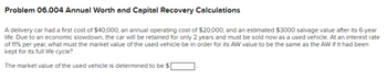 Problem 06.004 Annual Worth and Capital Recovery Calculations
A delivery car had a first cost of $40,000, an annual operating cost of $20,000, and an estimated $3000 salvage value after its 6-year
life. Due to an economic slowdown, the car will be retained for only 2 years and must be sold now as a used vehicle. At an interest rate
of 11% per year, what must the market value of the used vehicle be in order for its AW value to be the same as the AW if it had been
kept for its full life cycle?
The market value of the used vehicle is determined to be $