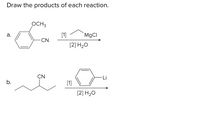 Draw the products of each reaction.
OCH3
а.
[1]
`MGCI
CN
[2] H20
CN
Li
b.
[1]
[2] H2O
