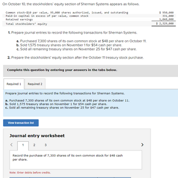 On October 10, the stockholders' equity section of Sherman Systems appears as follows.
Common stock-$10 par value, 95,000 shares authorized, issued, and outstanding
Paid-in capital in excess of par value, common stock
Retained earnings
Total stockholders' equity
1. Prepare journal entries to record the following transactions for Sherman Systems.
a. Purchased 7,300 shares of its own common stock at $48 per share on October 11.
b. Sold 1,575 treasury shares on November 1 for $54 cash per share.
c. Sold all remaining treasury shares on November 25 for $47 cash per share.
2. Prepare the stockholders' equity section after the October 11 treasury stock purchase.
Complete this question by entering your answers in the tabs below.
Required 1 Required 2
Prepare journal entries to record the following transactions for Sherman Systems.
a. Purchased 7,300 shares of its own common stock at $48 per share on October 11.
b. Sold 1,575 treasury shares on November 1 for $54 cash per share.
c. Sold all remaining treasury shares on November 25 for $47 cash per share.
View transaction list
Journal entry worksheet
1
2
3
Record the purchase of 7,300 shares of its own common stock for $48 cash
per share.
Note: Enter debits before credits.
$ 950,000
331,000
1,048,000
$ 2,329,000