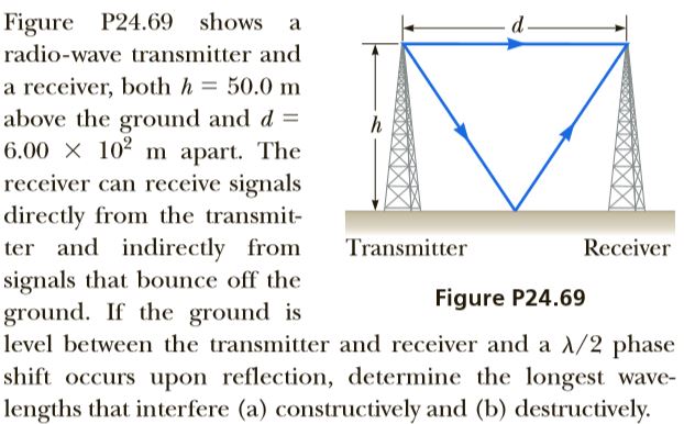 Figure P24.69 shows
d-
radio-wave transmitter and
a receiver, both h = 50.0 m
above the ground and d =
6.00 X 102 m apart. The
receiver can receive signals
directly from the transmit-
ter and indirectly from
signals that bounce off the
ground. If the ground is
level between the transmitter and receiver and a /2 phase
shift occurs upon reflection, determine the longest wave-
lengths that interfere (a) constructively and (b) destructively.
Transmitter
Receiver
Figure P24.69
