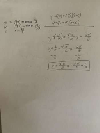 ın
m
x 3
4. f(x) = cos x
f'(x) = sinx V3
율 = xx
27
ㅎ
9화.
th
1.
y = f(c) + f'(c(x-c)
(1x-x)w='h-h
100y-snx=
y-ta) = 11 x - 8품
우+h.
9/1
-18
0
도
Q x
E
x_e__ =ĥ
LLE
2
ㅜ
w/3
He
T
a