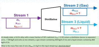 Stream 2 (Gas)
mcd.2
mzn.2 = ?
Stream 1
Distillation
m₁
Stream 3 (Liquid)
Xcd,1
XZn,1 = ?
mcd,3 = ?
mzn.3
At steady state, a Cd-Zn alloy with a mass fraction of 50% cadmium (xcd = 0.50) enters a distillation device (a separator)
at m₁ = 729 kg/h and exits as two streams, a gas stream containing 434 kg/h of Cd, and a liquid stream containing 465
kg/h of Zn.
What is the mass flow rate of zinc (mzn,1) in kg/h in the input stream to 1 decimal place?