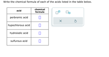 Write the chemical formula of each of the acids listed in the table below.
acid
perbromic acid
hypochlorous acid
hydroiodic acid
sulfurous acid
chemical
formula
☑