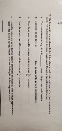 Answered: The formula C= 2nr is a formula that… | bartleby