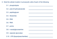 3. Note the cellular location in procaryotic cells of each of the following:
3.1. phospholipids
3.2. poly-ß-hydroxybutyrate
3.3. peptidoglycan
3.4. ribosomes
3.5. DNA
3.6. RNA
3.7. porins
3.8. n-acetylglucosamine
3.9. capsular glycocalyx
3.10. LPS (lipopolysaccharides)
