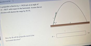 Question 6 of 10
>
A projectile is fired at Do = 342.0 m/s at an angle of
0 66.9° with respect to the horizontal. Assume that air
friction will shorten the range by 29.1%.
How far R will the projectile travel in the
horizontal direction?
Vo
R=
0
R
km