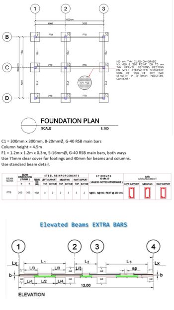 B
с
D
8000mm
5000
FTB
FTB
SON FILL:
FTB
FTB
FOUNDATION PLAN
Ө
SCALE
1:100
C1 = 300mm x 300mm, 8-20mmØ, G-40 RSB main bars.
Column height = 4.5m
F1 = 1.2m x 1.2m x 0.3m, 5-16mmØ, G-40 RSB main bars, both ways
Use 75mm clear cover for footings and 40mm for beams and columns.
Use standard beam detail.
STEEL REINFORCEMENTS
BEAM
DIMENSIONS
(IN MM.)
BEAM
MARK
STIRRUPS
10 MM. Ⓒ
LEFT SUPPORT MIDSPAN RIGHT SUPPORT
b
h
(MW)
TOP BOTTOM TOP BOTTOM TOP BOTTOM (UNLESS NOTED OTHERWISE)
FTB
200 300 160
3
2
2
3
3 2 1@50; 4@100; REST @ 250 0.C.
Elevated Beams EXTRA BARS
2
3
L₁
L3
L3
U14 U2
L2
4000
Lx
4000
1
1
FTB
FTB
بنان
4000
FTB
ELEVATION
FTIB
L/3
2
L/4
9000mm
F1
FTB
نان
C1
FTB
col
col
1/3
L2
3
12.00
F1
FTB
F1
FTB
تان
F1
100 mm THK SLAB-ON-GRADE
W/ 010 @ 500 REINF. ON 75 mm
THK GRAVEL BEDDING RESTING
ON WELL COMPACTED SUBGRADE
(MIN. OF 95% OF DRY MAX
DENSITY @ OPTIMUM MOISTURE
CONTENT>
ARRANGEMENT
LEFT SUPPORT MIDSPAN RIGHT SUPPORT
000
4
sp
Lx