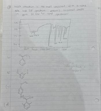 3
(d)
which structure.
dala
in
25
15 +
10
and IR spectrum
ppm in the ¹H-NMR
3500
dod
wwwww
3069.
2967
3000
он
the most consistent with H-NMR
shown ? chemical shifts.
spectrumr
en
1692
2650 2000
1304 919
1880
759
love
which
one
for you think
do
Wight?
is
m₂