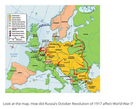 10w
Allied Powers
Central Powers
Neutral nations
German U-boat activity
SWEDEN
NORWAY
Allied Powers advance
LOCKADE 1914-1917
Central Powers advance
Furthest Central Powers
advance
Allied Powers victory
North
Central Powers victory
Sea
RUSSIA
GREAT
BRITAIN
Undecided outcome
DENMARK
150
00 Miles
Baltic
Sea
150
00 Kloneters
1st and 3rd
Battles of Ypres
Lanbert ainl ulaa projection
NETHERLANDS
Battle of
Berlin Tannenberg
London
BELGIUM
nglich Chanel
GERMANY
Battle of-
the Somme
LUXEMBOURG
ATLANTIC
Paris
1st Battle-
of the Marne
Battle of
Verdun
WESTERN
FRONT
OCEAN
AUSTRIA-
Vienna HUNGARY
SWITZERLAND
Budapest
Battle of
Caporetto
FRANCE
ITALY
ROMANIA
Sarajevo,
Adriatic Sea
PORTUGAL
SPAIN
Black
Mediterranean
Sea
Sea
BULGARIA
MONTENEGRO
SERBIA
Rome
Constaytinople
ALBANIA
Battle of
Gallipoli
GREECE
OTTOMAN
EMPIRE
Look at the map. How did Russia's October Revolution of 1917 affect World War I?
