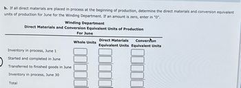 b. If all direct materials are placed in process at the beginning of production, determine the direct materials and conversion equivalent
units of production for June for the Winding Department. If an amount is zero, enter in "0".
Winding Department
Direct Materials and Conversion Equivalent Units of Production
For June
Inventory in process, June 1
Started and completed in June
Transferred to finished goods in June
Inventory in process, June 30
Total
Whole Units
Direct Materials Conversion
Equivalent Units Equivalent Units