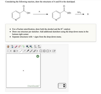 Considering the following reaction, draw the structures of A and B in the sketchpad.
A
`OH
OEt
NH3
• For a Fischer esterification, draw both the alcohol and the H* catalyst.
Draw one structure per sketcher. Add additional sketchers using the drop-down menu in the
bottom right corner.
Separate structures with + signs from the drop-down menu.
C
ору
aste
C
ChemDoodle®
