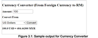 Currency Converter (From Foreign Currency to RM)
Amount: 100
Convert From
US Dollars
|Convert
100.0 USD = 404.44300 MYR
Figure 3.1: Sample output for Currency Converter
