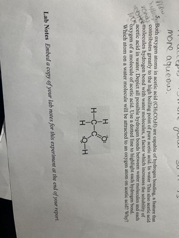 more aqueous.
How
hydrogen
yond,
5. Both oxygen atoms in acetic acid (CH3CO₂H) are capable of hydrogen bonding, a feature that
contributes greatly to the high boiling point of pure acetic acid. In water This also acetic acid
Ce molecules hydrogen bond with water molecules, a factor which increases the solubility of
linos
acetic acid in water. Depict all possible hydrogen bonds between water molecules and each
oxygen of a molecule of acetic acid. Use a dotted line to highlight each hydrogen bond.
Which atom on a water molecule will be attracted to an oxygen atom on acetic acid? Why?
HTC-H
H-C-C
Н
Ö:
n=0
Q-H
Lab Notes Embed a copy of your lab notes for this experiment at the end of your report.