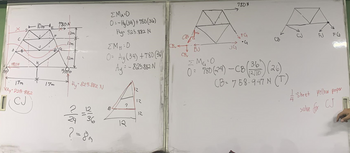 10m780N
8
G
12m
12m
12m
ΣΜΑ:Ο
0=-Hy (34)+780(36)
Hy= 825.882N
[MH=0
O= Ay (34) +780 (36)
Ay=-825.882N
8
C
8
J
780N
17m
Vậy 825.882
CJ
17m
Hy-
=825.882 N
12
?
=
12
2436
?=8m
B
|
دو
12
12
CB
I BJ
JG
CBv
ΣΜΕ 0
ΣMG
=0
780N
JFG
•G
CB
0780 (24)-CB
136"
12JTO
2)(26)
CB = 758-947 N (T)
FJ
ㅓ고
FG
1
Sheet yellow paper
4
solve for CJ