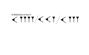 The image illustrates the conversion of Babylonian numerals into base 9, divided into three sections by slashes. Each section showcases cuneiform symbols representing specific numerical values typical of the Babylonian numeral system, which was sexagesimal (base 60) but is here being contextualized in base 9.

### Babylonian Numerals

The symbols include:
- Wedge-like indentations that represent specific numbers.
- These indentations vary in orientation and number to convey different values.

### Sections and Symbols:

1. **First Section:**
   - Contains a leftward wedge followed by four vertical lines.
   - In Babylonian numerals, this represents a composite number based on groupings of values.

2. **Second Section:**
   - Includes a leftward wedge, two smaller leftward wedges, and a vertical line.
   - These combinations form another number or part of a larger numerical expression.

3. **Third Section:**
   - Comprises a leftward wedge, a triangle, and two vertical lines.
   - Represents another value or sequence to be interpreted in the conversion process.

The task is to interpret these figures into numbers applicable in base 9. Understanding these symbols is crucial for recognizing ancient numerical systems and their significance in historical contexts.