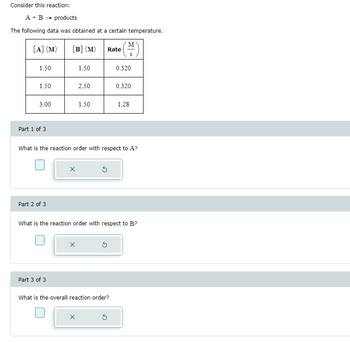 Consider this reaction:
A + B → products
The following data was obtained at a certain temperature.
[A] (M)
1.50
1.50
3.00
Part 1 of 3
Part 2 of 3
[B] (M)
Part 3 of 3
X
1.50
X
2.50
1.50
X
What is the reaction order with respect to A?
3
Rate
What is the overall reaction order?
M
S
What is the reaction order with respect to B?
Ś
0.320
0.320
1.28