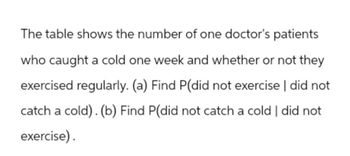 The table shows the number of one doctor's patients
who caught a cold one week and whether or not they
exercised regularly. (a) Find P(did not exercise | did not
catch a cold). (b) Find P(did not catch a cold | did not
exercise).