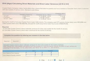 E9-6 (Algo) Calculating Direct Materials and Direct Labor Variances [LO 9-3, 9-4]
Crystal Charm Company makes handcrafted silver charms that attach to jewelry such as a necklace or bracelet. Each charm is adorned
with two crystals of various colors. Standard costs follow:
Silver
Crystals
Direct labor
Standard Quantity
0.40 ounce
5.00
2.00 hours
Standard Price (Rate)
Standard Unit
Cost
$ 23.00 per ounce
$ 0.40 crystal
$ 12.00 per hours
$ 9.20
2.00
24.00
During the month of January, Crystal Charm made 1,530 charms. The company used 577 ounces of silver (total cost of $13,848) and
7,700 crystals (total cost of $2,926.00), and paid for 3,210 actual direct labor hours (cost of $36,915.00).
Required:
1. Calculate Crystal Charm's direct materials variances for silver and crystals for the month of January.
2. Calculate Crystal Charm's direct labor variances for the month of January.
Complete this question by entering your answers in the tabs below.
Required 1
Required 2
Calculate Crystal Charm's direct materials variances for silver and crystals for the month of January.
Note: Round your intermediate calculations and final answers to 2 decimal places. Indicate the effect of each variance by
selecting "F" for favorable, "U" for unfavorable, and "None" for no effect (i.e., zero variance).
Direct Material Price Variance
Direct Material Quantity Variance
Silver
Crystals
< Prev
2 of 3
曲
Next