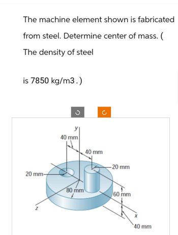 The machine element shown is fabricated
from steel. Determine center of mass. (
The density of steel
is 7850 kg/m3.)
ว
ง
C
40 mm
40 mm
-20 mm
20 mm-
80 mm
60 mm
Z
40 mm