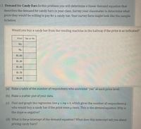 12. Demand for Candy Bars In this problem you will determine a linear demand equation that
describes the demand for candy bars in your class. Survey your classmates to determine what
price they would be willing to pay for a candy bar. Your survey form might look like the sample
to below.
Would you buy a candy bar from the vending machine in the hallway if the price is as indicated?
Price
Yes or No
50c
75c
$1.00
$1.25
$1.50
$1.75
$2.00
(a) Make a table of the number of respondents who answered "yes" at each price level.
(b) Make a scatter plot of your data.
(c) Find and graph the regression line y = mp+b, which gives the number of respondents y
who would buy a candy bar if the price were p cents. This is the demand equation. Why is
the slope m negative?
(d) What is the p-intercept of the demand equation? What does this intercept tell you about
pricing candy bars?
