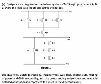 (a) Design a stick diagram for the following static CMOS logic gate, where A, B,
C, D are the logic gate inputs and O/P is the output:
B―d [Q6
c-d[ Q7
A - Q5
AQ1
D
C
B
Figure 1
-
-d[
Q4
Q3
Q2
Q8
VDD
O/P
Vss
Use dual-well, CMOS technology. Include wells, well-taps, contact cuts, routing
of power and GND in your diagram. Use colour coding and/or clear and readable
detailed annotations to represent the wires in the different layers.