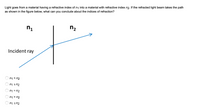 Light goes from a material having a refractive index of n1 into a material with refractive index n2. If the refracted light beam takes the path
as shown in the figure below, what can you conclude about the indices of refraction?
n1
n2
Incident ray
n1 < n2
n1 zn2
n1 = n2
n1 > n2
n1 sn2
O O
