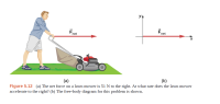 YA
Fnet
Fnet
(a)
(b)
Figure 5.12 (a) The net force on a lawn mower is 51 N to the right. At what rate does the lawn mower
accelerate to the right? (b) The free-body diagram for this problem is shown.
