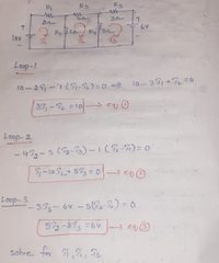 R1
Rs
Rs
GV
lov
Loop-)
10 -29, -'1 (5-2) =0 =) 1lo-39,+T=0
39,- =10- e
Loop-2
- 43g-5 (g-P) –1(5-5)= 0
Loop-3
-333-6v - 5(G3-2) = 0
5-873 =6V- e
solve for ,2, S3.
