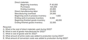 Direct materials:
Beginning inventory
Purchases
Ending inventory
Direct manufacturing labor
Manufacturing overhead
Beginning work-in-process inventory
Ending work-in-process inventory
Beginning finished goods inventory
Ending finished goods inventory
P 40,000
123,200
20,800
32,000
24,000
8,000
1,600
48,000
32,000
Required:
A. What is the cost of direct materials used during 2022?
B. What is cost of goods manufactured for 2022?
C. What is cost of goods sold for 2022?
D. What amount of prime costs was added to production during 2022?
E. What amount of conversion costs was added to production during 2022?