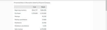 Presented below is information related to Cheyenne Company.
Beginning inventory
Purchases
Markups
Markup cancellations
Markdowns
Markdown cancellations
Sales revenue
Cost
Retail
$362,797
$286,000
1,370,000 2,145,000
95,100
14,800
32,900
5,100
2,193,000