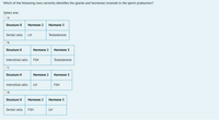 Which of the following rows correctly identifies the glands and hormones involved in the sperm production?
Select one:
Oa.
Structure X
Hormone 2 Hormone 3
Sertoli cells LH
Testosterone
b.
Structure X
Hormone 2
Hormone 3
Interstitial cells
FSH
Testosterone
c.
Structure X
Hormone 2
Hormone 3
Interstitial cells
LH
FSH
Od.
Structure X
Hormone 2
Hormone 3
Sertoli cells
FSH
LH
