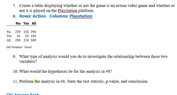 7. Create a table displaying whether or not the game is an action video game and whether or
not it is played on the Playstation platform.
8. Rows: Action Columns: Playstation
No Yes All
No 239 155 394
Yes 41 65 106
All 280 220 500
Cell Contents Count
9. What type of analysis would you do to investigate the relationship between these two
variables?
10. What would the hypotheses be for the analysis in #8?
11. Perform the analysis in # 8. State the test statistic, p-value, and conclusion.
Chi Squaro Tort