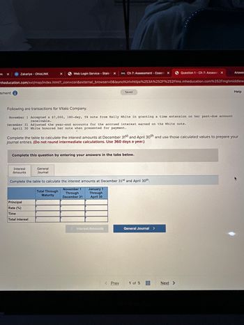 m x
Zakariye - OhioLINK
=sment i
Web Login Service - Stale
mheducation.com/ext/map/index.html?_con=con&external_browser=0&launchUrl=https%253A%252F%252Flms.mheducation.com%252Fmghmiddlewa
Interest
Amounts
X
Following are transactions for Vitalo Company.
November 1 Accepted a $7,000, 180-day, 5% note from Kelly White in granting a time extension on her past-due account
receivable.
December 31 Adjusted the year-end accounts for the accrued interest earned on the White note.
April 30 White honored her note when presented for payment.
General
Journal
Principal
Rate (%)
Time
Total interest
Complete this question by entering your answers in the tabs below.
D2L Ch 7: Assessment - Essent X
Total Through
Maturity
Complete the table to calculate the interest amounts at December 31st and April 30th and use those calculated values to prepare your
journal entries. (Do not round intermediate calculations. Use 360 days a year.)
Saved
Complete the table to calculate the interest amounts at December 31st and April 30th
January 1
November 1
Through
December 31
Through
April 30
< Interest Amounts
< Prev
Question 1 - Ch 7: Assessm X
General Journal >
1 of 5
Answer
Next >
Help