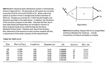 HAH 4.4.4 An industrial water-distribution system is schematically
shown in Figure P4.4.4. The demands on the system are currently
at junction D (0.55 m³/s) and E (0.450 m³/s). Water enters the
system at junction A from a storage tank (surface elevation of
355.0 m). All pipes are concrete (e = 0.36 mm) with lengths and
diameters provided in the table below. In addition, the elevations
of the junctions are given in the table. Calculate the flow rate in
each pipe (initial estimated flows are provided in Column 2).
Solve using the Hardy-Cross method using the the Darcy-
Weisbach friction factor. Tabulate each step of the iteration.
Also, determine if the pressure at each junction exceeds 185 kPa,
a requirement of the water company at the industrial park.
Table for HAH 4.4.4
Pipe
AB
AC
BD
CB
ED
Flow (m³/sec) Length (m)
0.500
0.500
0.530
0.470
0.030
0.020
300
300
400
400
300
300
Diameter (m)
0.45
0.45
0.40
0.40
0.20
0.20
elD
A
0.00080
0.00080
0.00090
0.00090
0.00180
0.00180
L1
5
B
с
D
E
L₂
Junction
5
Figure P4.4.4
HAH 4.4.5 (modified) Repeat HAH 4.4.4 using EPANet
and Darcy-Weisbach for head loss. Include
screenshots of network and tables as needed
Elev. (m)
lD
355.0
315.5
313.8
313.3
314.1
QE