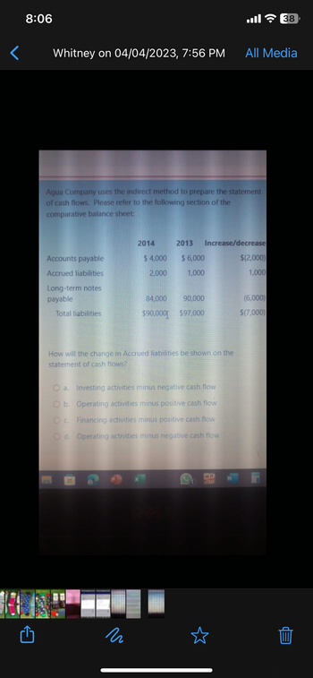 <
8:06
Whitney on 04/04/2023, 7:56 PM
Agua Company uses the indirect method to prepare the statement
of cash flows. Please refer to the following section of the
comparative balance sheet:
Accounts payable
Accrued liabilities
1000
Long-term notes
payable
Total liabilities
2014
$4,000
2,000
n
2013 Increase/decrease
$6,000
1,000
84,000 90,000
$90,000 $97,000
How will the change in Accrued liabilities be shown on the
statement of cash flows?
O a.
Investing activities minus negative cash flow
O b.
Operating activities minus positive cash flow
O c. Financing activities minus positive cash flow
Od. Operating activities minus negative cash flow
All Media
WR
$(2,000)
1,000
(6,000)
$(7,000)
Tim
d3