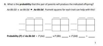 **II. What is the probability that this pair of parents will produce the indicated offspring?**

**Genotypes:**

- Parents: Aa Bb DD × aa Bb Dd
- Offspring: Aa Bb Dd

**Instructions:**

Punnett squares for each trait can help with this!

**Diagrams:**

There are three separate Punnett squares. Each square is a 2x2 grid, representing possible genetic combinations for each trait. The squares are used to calculate the probability for each genotype:

1. **First Punnett Square:** Represents the probability of offspring being Aa.
2. **Second Punnett Square:** Represents the probability of offspring being Bb.
3. **Third Punnett Square:** Represents the probability of offspring being Dd.

**Probability Calculation:**

\[ \text{Probability (P) of Aa Bb Dd} = P(Aa) \times P(Bb) \times P(Dd) = \_\_\_\_ \]

This setup demonstrates how to calculate the probability of the offspring having the specific genotype Aa Bb Dd by using Punnett squares for each trait independently. The overall probability is obtained by multiplying the individual probabilities for each trait.