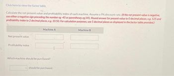 Click here to view the factor table,
Calculate the net present value and profitability index of each machine. Assume a 9% discount rate. (If the net present value is negative,
use either a negative sign preceding the number eg -45 or parentheses eg (45). Round answer for present value to 0 decimal places, e.g. 125 and
profitability index to 2 decimal places, e.g. 10.50. For calculation purposes, use 5 decimal places as displayed in the factor table provided.)
Net present value
Profitability index
Machine A
Which machine should be purchased?
should be purchased.
Machine B