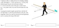 A tightrope walker is walking between two buildings holding
a pole with length L = 14.0 m, and mass m, = 18.5 kg. The
daredevil grips the pole with each hand a distance
d = 0.575 m from the center of the pole. A bird of mass
m, = 545 g lands on the very end of the left-hand side of the
pole.
2d
Assuming the daredevil applies upward forces with the left
and right hands in a direction perpendicular to the pole, what
magnitude of force Fieft and Fright must the left and right hand
exert to counteract the torque of the bird?
Fieft =
N
Fright
N
