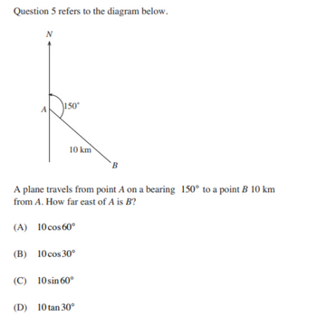 Question 5 refers to the diagram below.
N
150°
10 km
B
A plane travels from point A on a bearing 150° to a point B 10 km
from A. How far east of A is B?
(A) 10 cos 60°
(B) 10 cos 30°
(C) 10 sin 60°
(D) 10 tan 30°