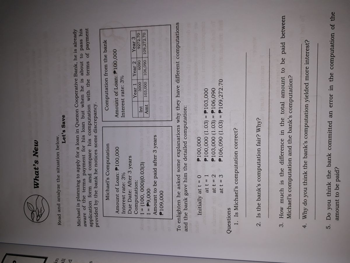 What's New
ur
Read and analyze the situation below.
Let's Save
Michael is planning to apply for a loan in Quezon Cooperative Bank, he is already
aware of the terms payment for his loan but when he is about to pass his
application form and compare his computation with the terms of payment
provided by the bank he notices some discrepancy.
Michael's Computation
Computation from the bank
Amount of Loan: P100,000
Interest rate: 3%
Amount of Loan: P100,000
Interest rate: 3%
Due Date: After 3 years
Computation:
I = (100, 000)(0.03(3)
Year 1
Year 2
Year 3
9272.70
eco
Amt
0609
109,272.70
060'901
Int
0008
Amount to be paid after 3 years
o C ag 000'6d = I
000'60I
To enlighten he asked some explanations why they have different computations
and the bank gave him the detailed computation:
Initially at t = 0
000'00
P100,000 (1.03) = P103,000
P103,000 (1.03) = P106,090
P106,090 (1.03) = P109,272.70
at t = 1
at t = 2
at t = 3
Questions
1. Is Michael's computation correct?
2. Is the bank's computation fair? Why?
3. How much is the difference in the total amount to be paid between
Michael's computation and the bank's computation?
4. Why do you think the bank's computation yielded more interest?
5. Do you think the bank committed an error in the computation of the
amount to be paid?
