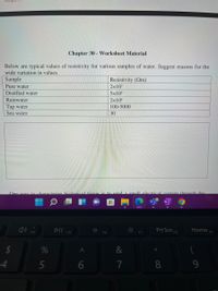 Chapter 30 - Worksheet Material
Below are typical values of resistivity for various samples of water. Suggest reasons for the
wide variation in values.
Sample
Resistivity (2m)
Pure water
2x107
Distilled water
5x10
Rainwater
2x104
Tap water
Sea water
100-5000
30
One way to characterise biological tissue is to send a smallelectricalcurrent through the
DII
Prt Scn F8
Home
F4
FS
F6
F7
F9
%
&
4.
7
8
9.
