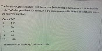 The Sunshine Corporation finds that its costs are $40 when it produces no output. Its total variable costs (TVC) change with output as shown in the accompanying table. Use this information to answer the following question.

| Output | TVC  |
|--------|------|
| 1      | $30  |
| 2      | $50  |
| 3      | $65  |
| 4      | $85  |
| 5      | $110 |

The total cost of producing 3 units of output is _______.

**Explanation:**
- The table lists the total variable costs associated with different levels of output.
- Fixed costs when output is zero are $40.
- To find the total cost of producing 3 units, add the fixed cost to the TVC for 3 units: 
  \[ \text{Total Cost} = 40 + 65 = 105 \]