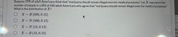 Suppose 15% of adult Americans think that "marijuana should remain illegal even for medical purposes." Let \( X \) represent the number of people in a SRS of 500 adult Americans who agree that "marijuana should remain illegal even for medical purposes." What is the distribution of \( X \)?

- \( X \sim B(500, 0.15) \)
- \( X \sim N(500, 0.15) \)
- \( X \sim N(15, 0.15) \)
- \( X \sim B(15, 0.15) \)